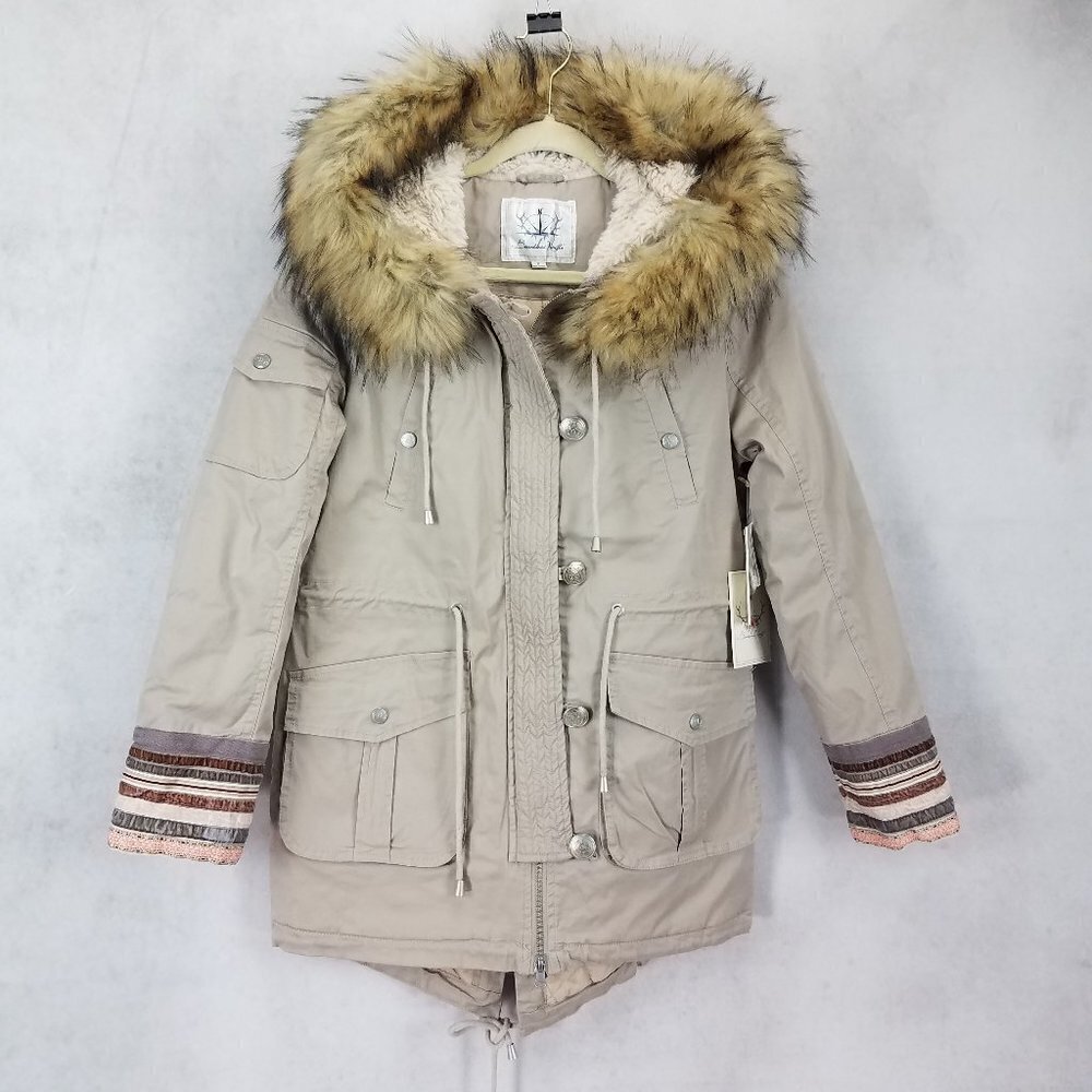 NWT Boundless North Woodland Anorak Jacket Hooded Winter Coat Tan Boho Quilted S
